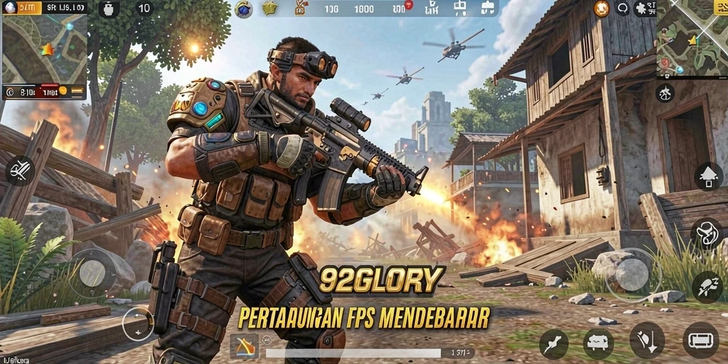 Screenshot utama 92GLORY menampilkan aksi tembak-menembak yang intens.