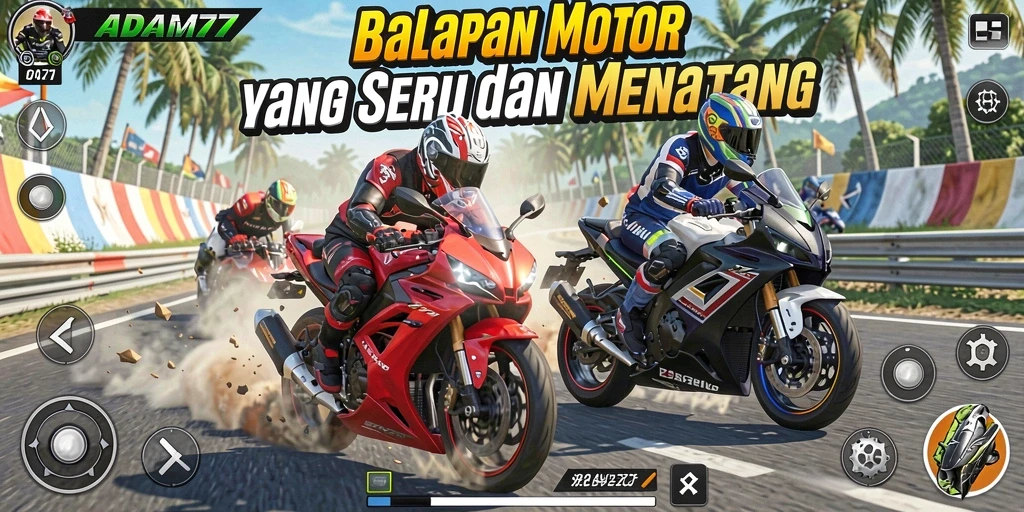 Screenshot gameplay ADAM77 dengan aksi balapan motor yang cepat.