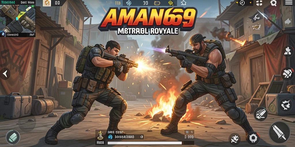 Tangkapan layar utama AMAN69 menunjukkan aksi pertarungan seru dalam Battle Royale.
