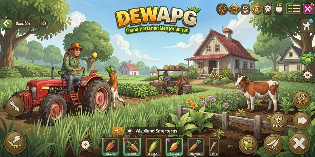 Tangkapan layar gameplay DEWAPG dengan elemen pertanian yang menarik.