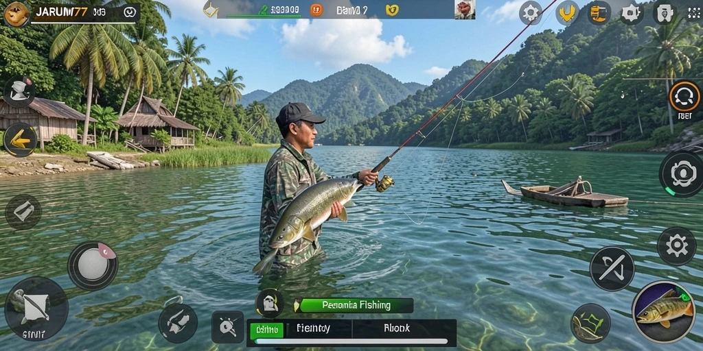 Gameplay seru dan indah dalam JARUM77 saat memancing.
