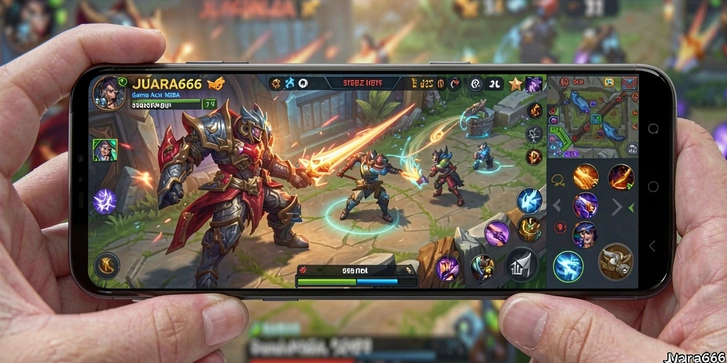 Tampilan gameplay seru dari JUARA666 yang memperlihatkan pertarungan tim MOBA.