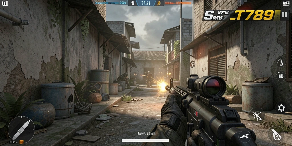 Tangkapan layar ST789 menunjukkan aksi menegangkan dalam pertempuran FPS.