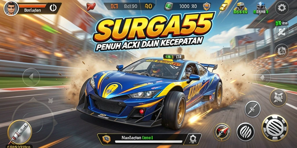 Screenshot SURGA55 menampilkan mobil melaju cepat di lintasan balapan.