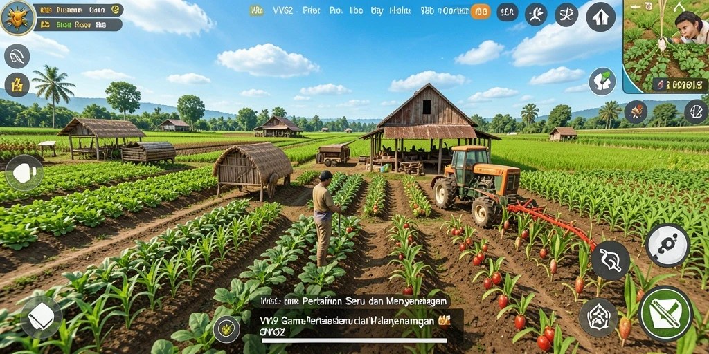 Tangkapan layar dari gameplay <strong>VV62</strong> yang menunjukkan kebun yang indah dan aktivitas pertanian.